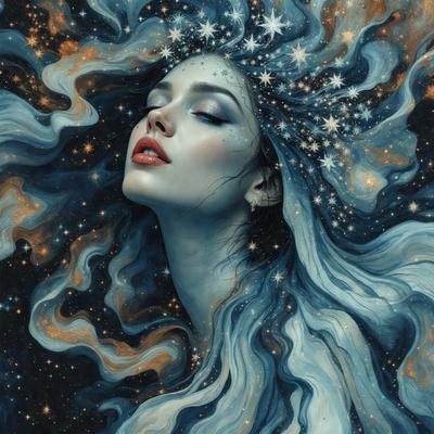 The primary subject of the image is a woman with long hair, who is lying down and appears to be sleeping. She is wearing a crown of stars on her head, which adds a celestial and magical touch to the scene. The setting is a night sky, with stars and a moon visible in the background. The visual style is a combination of digital art and illustration, creating a surreal and dreamy atmosphere. The colors are predominantly blue and white, which contribute to the serene and peaceful mood